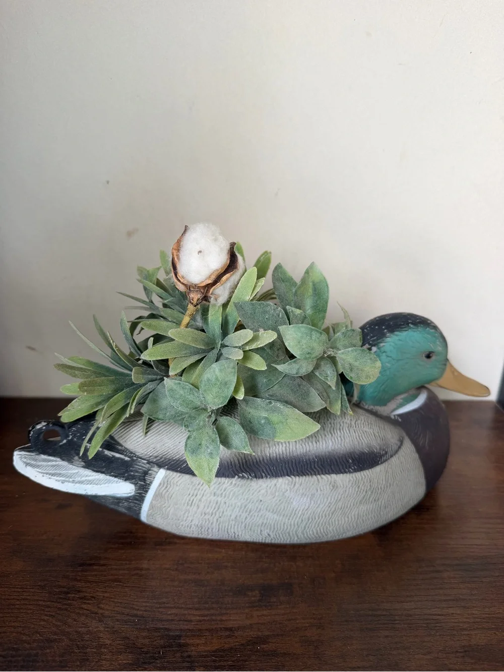 Decorative Duck Planter with Greenery - Neutral and Teal